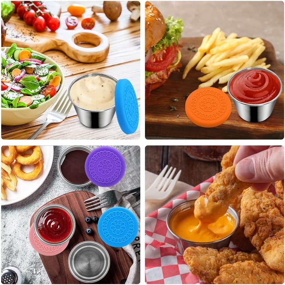 HASTHIP Small Condiment Containers for Salad Dressings featuring Leakproof Silicone Lids and Reusable Stainless Steel Cups 6 Pack 40ml
