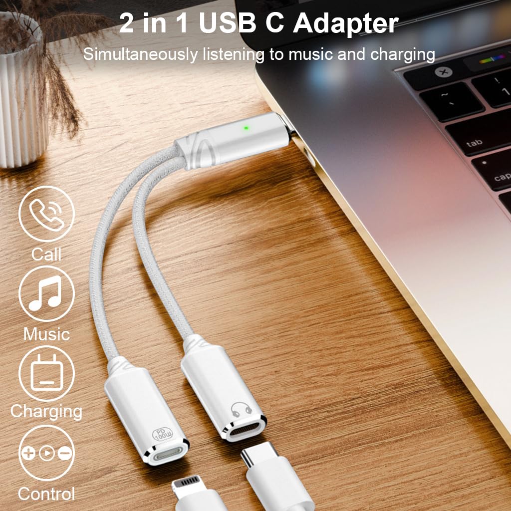 ZORBES USB C to Lightning Audio Adapter with 100W Charging and DAC Chip | White Aluminium