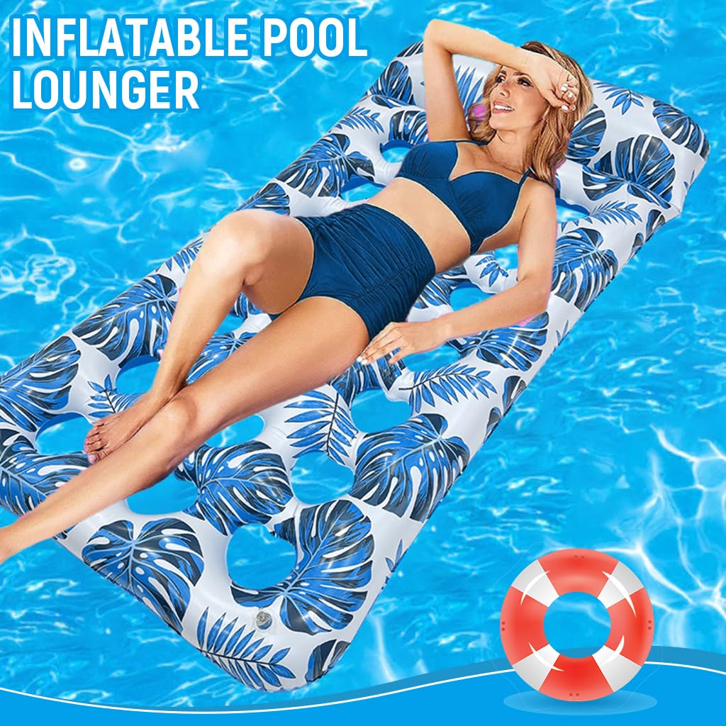 Proberos Inflatable Pool Lounger for Adult with Headrest & Cup Holder featuring 14x92x64cm PVC Mesh Seat | White Floating Hammock for Sun Relaxation