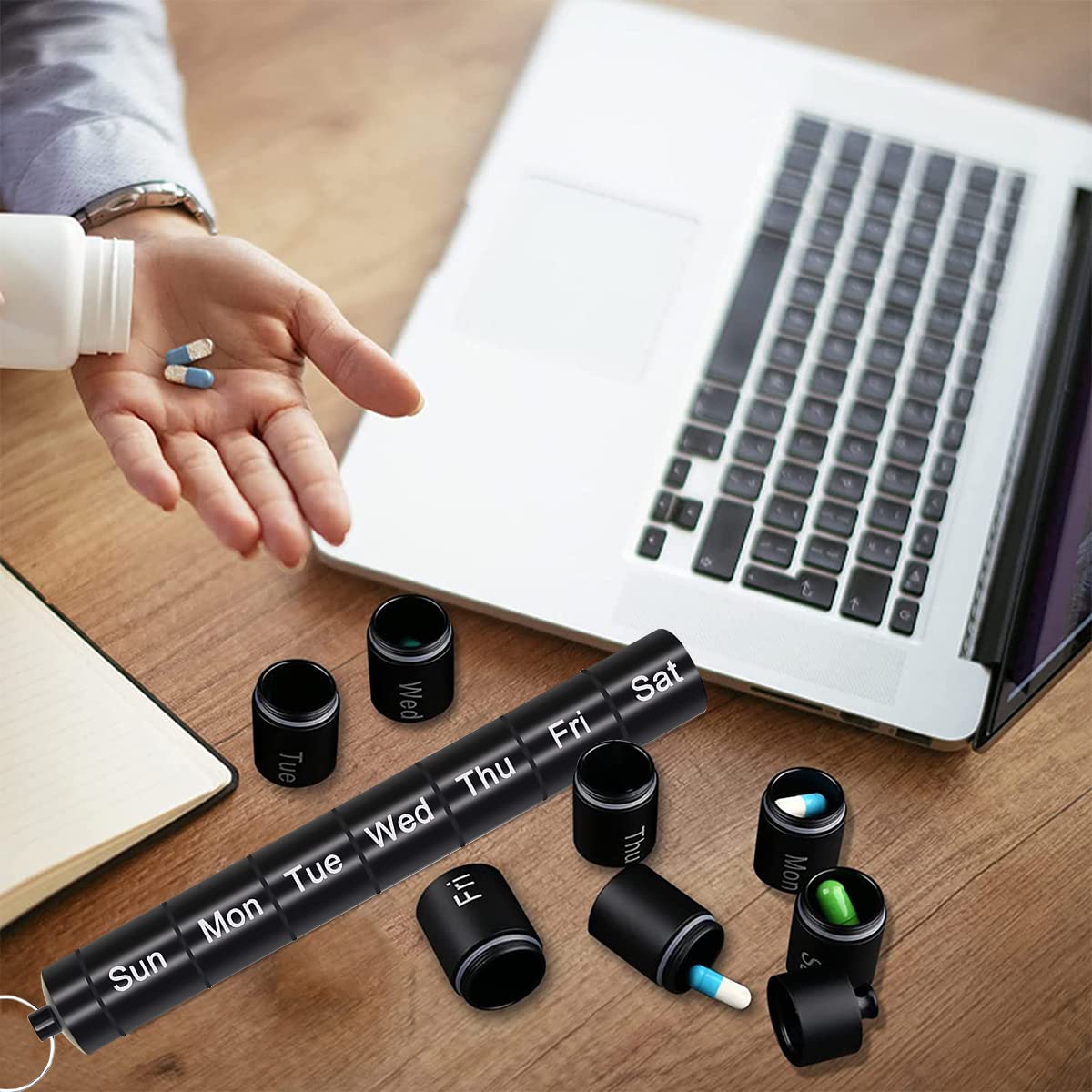 HANNEA Metal Pill Box Organizer for 7 Days with Pen Shape Design and Waterproof Keychain | Aluminum Alloy Travel Medicine Case