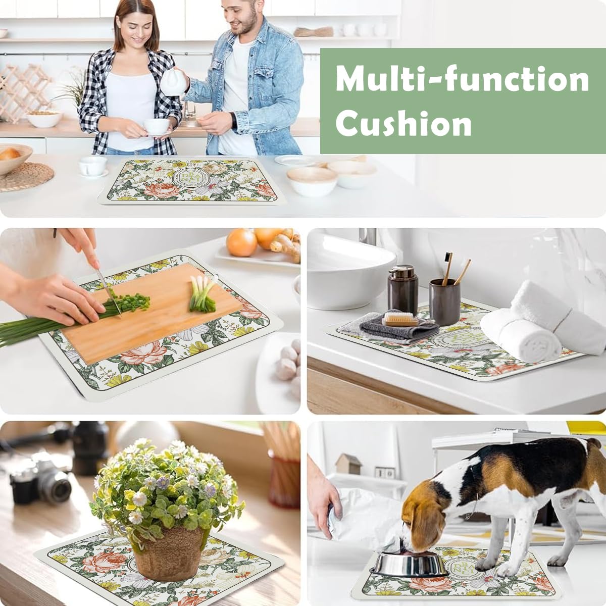 Supvox Dish Drying Mat for Kitchen 40x50cm with Non Slip Heat Resistant Sponge Core | Quick Dry Floral Counter Protector