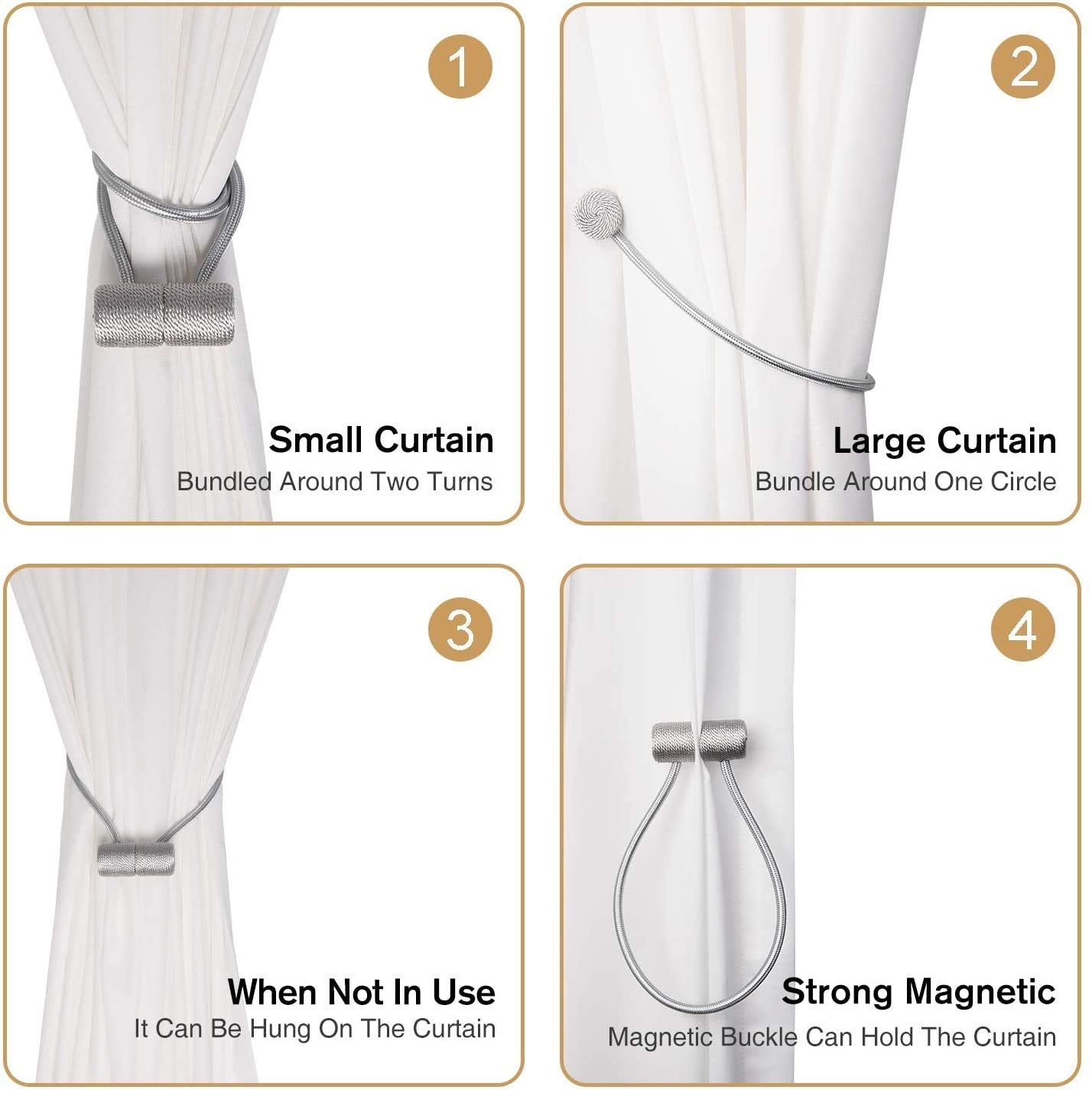 HASTHIP Curtain Tiebacks for Drapes with Strong Magnetic Closure 48cm Rope 2 Pack | Golden Polyester