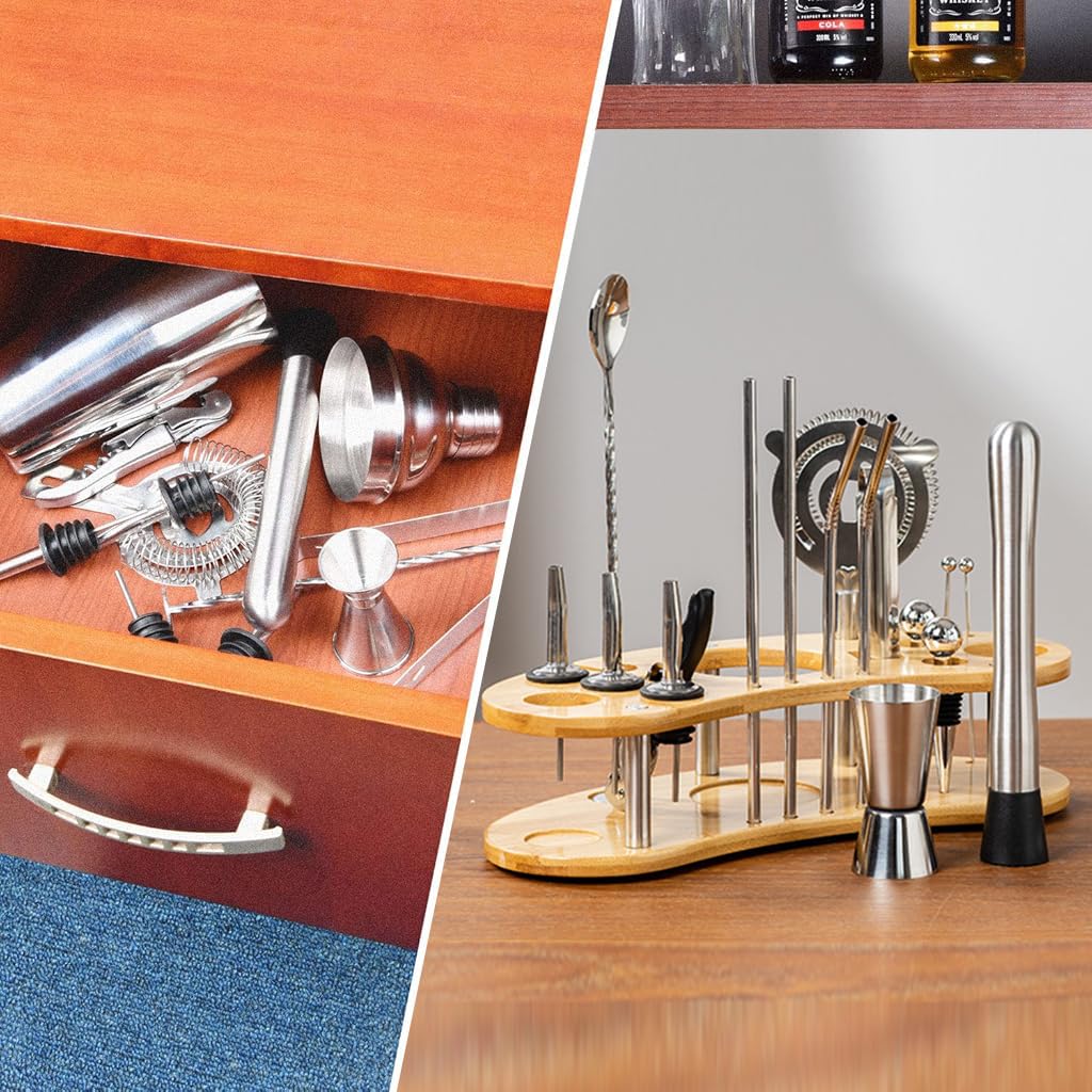 Supvox Cocktail Shaker Set for Home and Bar with Bamboo Stand | 19Pcs 550ml Stainless Steel Tools