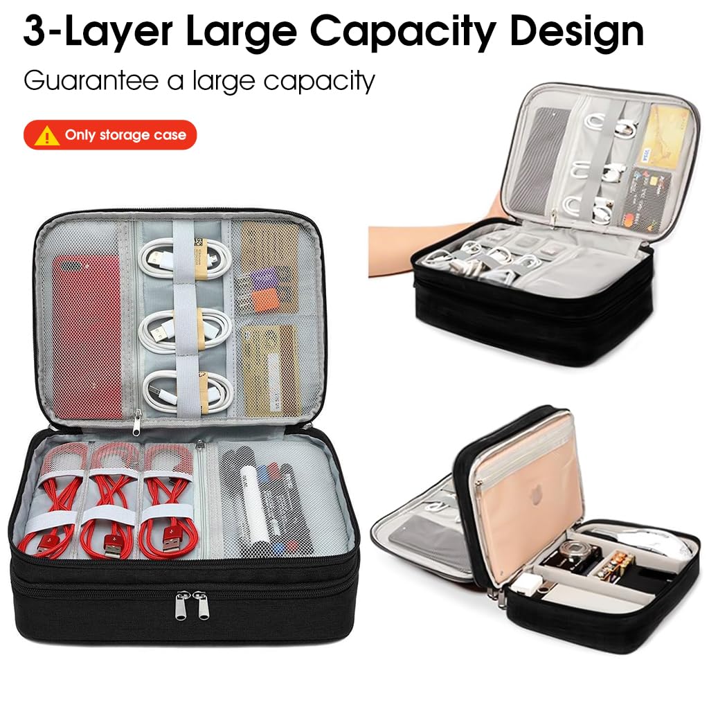 Zibuyu Travel Cable Organizer Bag for Electronics with 3 Layer Layout and Adjustable Dividers | Water Resistant Black