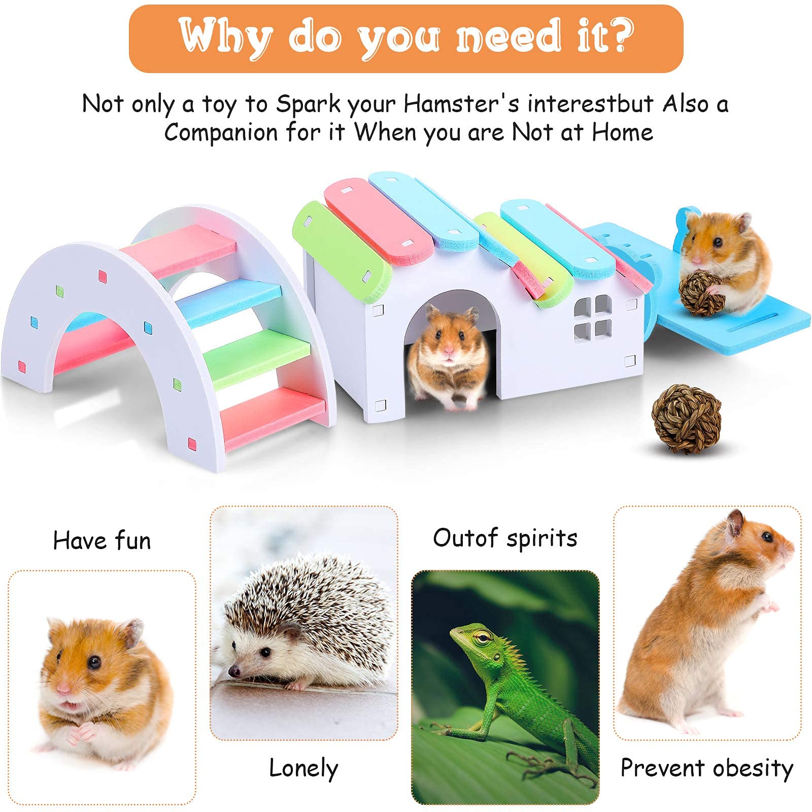 Qpets® 3 PiecesHamster Toy Set Include Wooden Hamster House, Rainbow Bridge, Hamster Seesaw Toy DIY Wooden Exercise Play Toys, Small Pet House for Small Hamsters Mice Gerbil