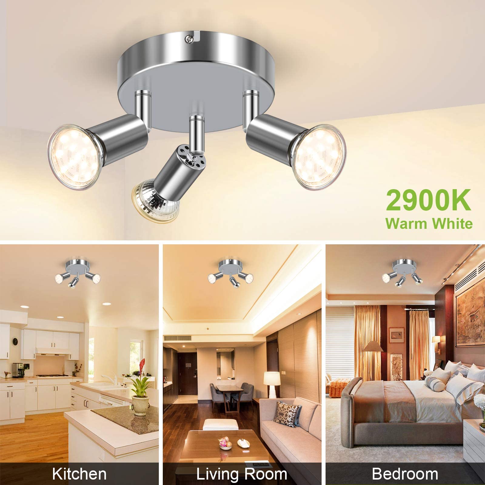 Verilux® Rotatable LED Ceiling Spot Light, 3 Way Rotatable Round Plate Spotlight, Adjustable Spot Light for Kitchen, Living Room, Bedroom, Include 3 GU10 Bulbs(4W, 400LM, 2900K Warm White)