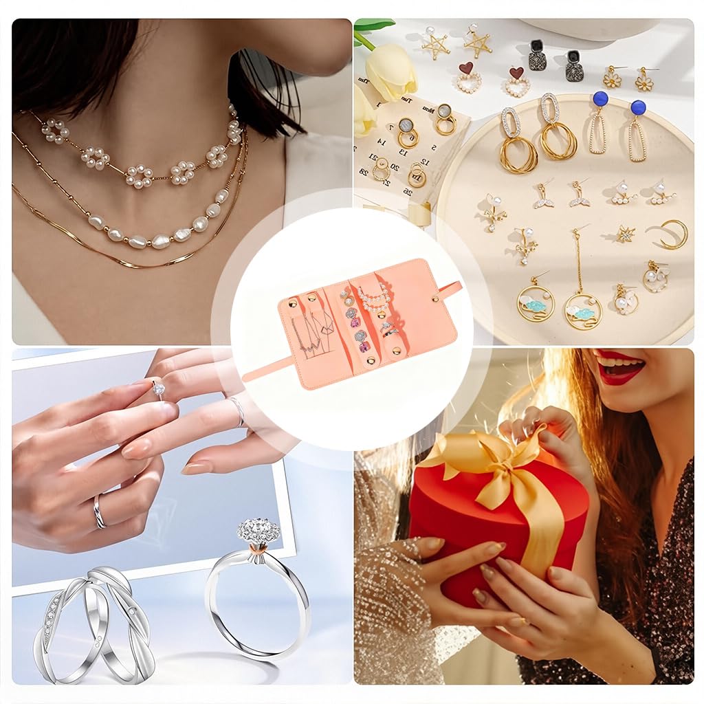 MAYCREATE Jewellery Organiser Pouch for Travel with Roll Up Strap 12 x 6.8 x 1.5 cm Pink PU | Ideal for Women and Girls