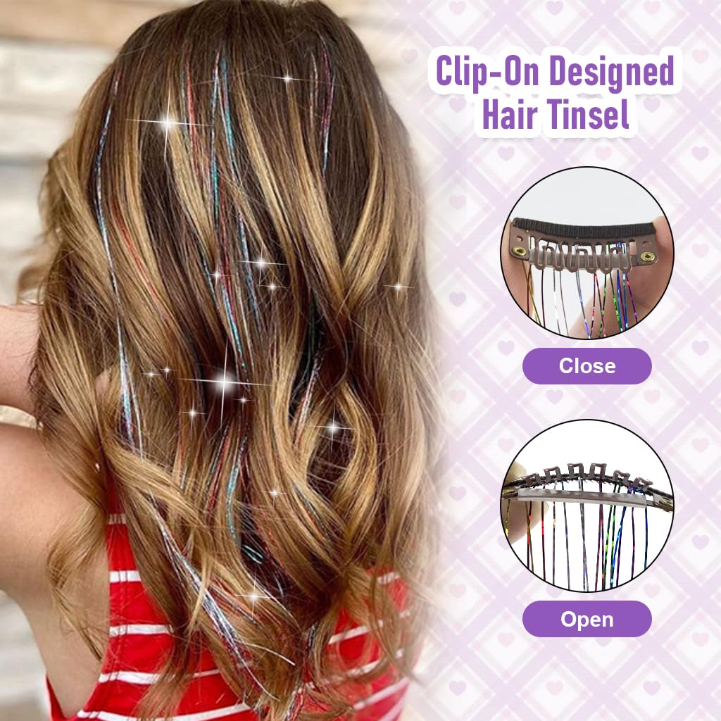 MAYCREATE Hair Tinsel Hair Extensions for Party and Daily Wear featuring Clip-in Design 6pcs 20.5in | Colorful Glitter Strands for Women and Girls