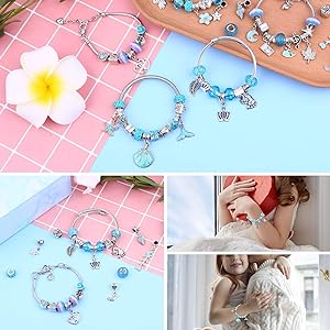 PATPAT® 63pcs DIY Charm Bracelets Kit with Gift Box, Jewelry Making Kit with Bracelet Beads, Jewelry Charms, Necklace Jewelry Making and DIY Crafts for Kids Girls-Blue