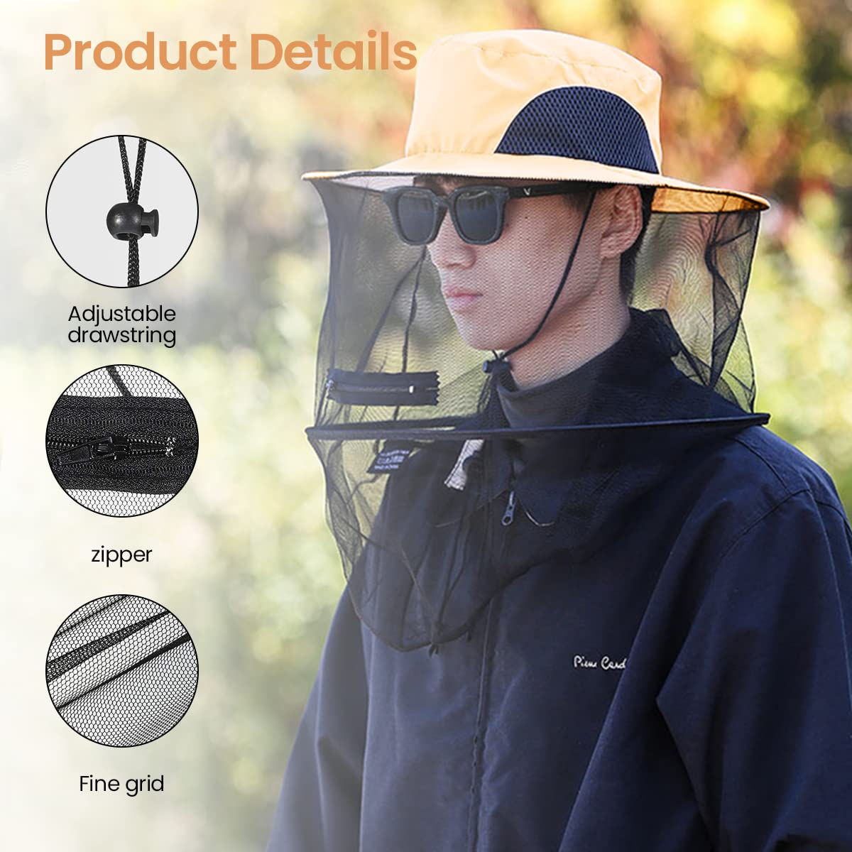 Proberos Mosquito Net Hat for Outdoor Fishing with 37 cm Brim and Zipper Mesh Cover | Polyester Cotton Foldable Design
