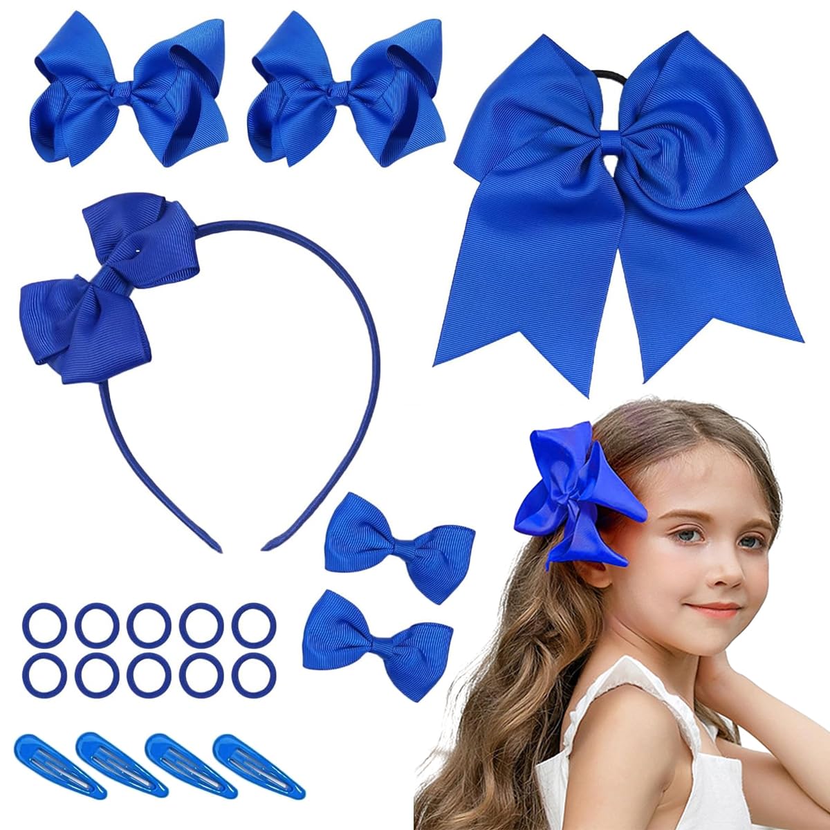 MAYCREATE® Girls Bow Hairband Set of 20pcs, Hair Bows for Kids Girls, Bowknot Hair Clips Rubber Hair Ties Hair Accessories Kit for Toddlers, School Girls - Royal Blue