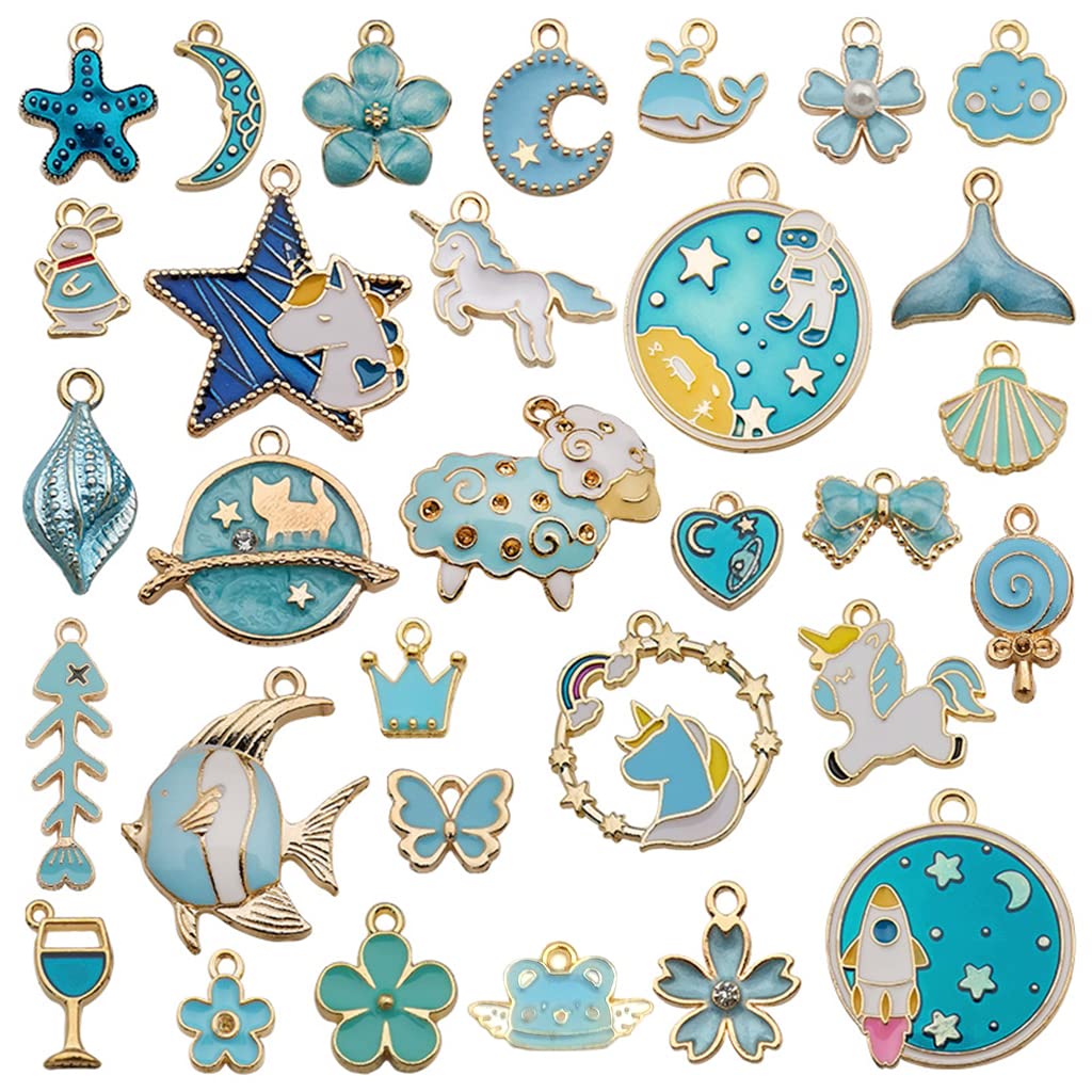 ZIBUYU Pendant Charms for Jewelery Making Kit Assorted Cartoon Blue Enamel Gold Plated Charms Pendants for DIY Charms Necklace Bracelets for Making Jewelry and Crafting - 31 Pcs