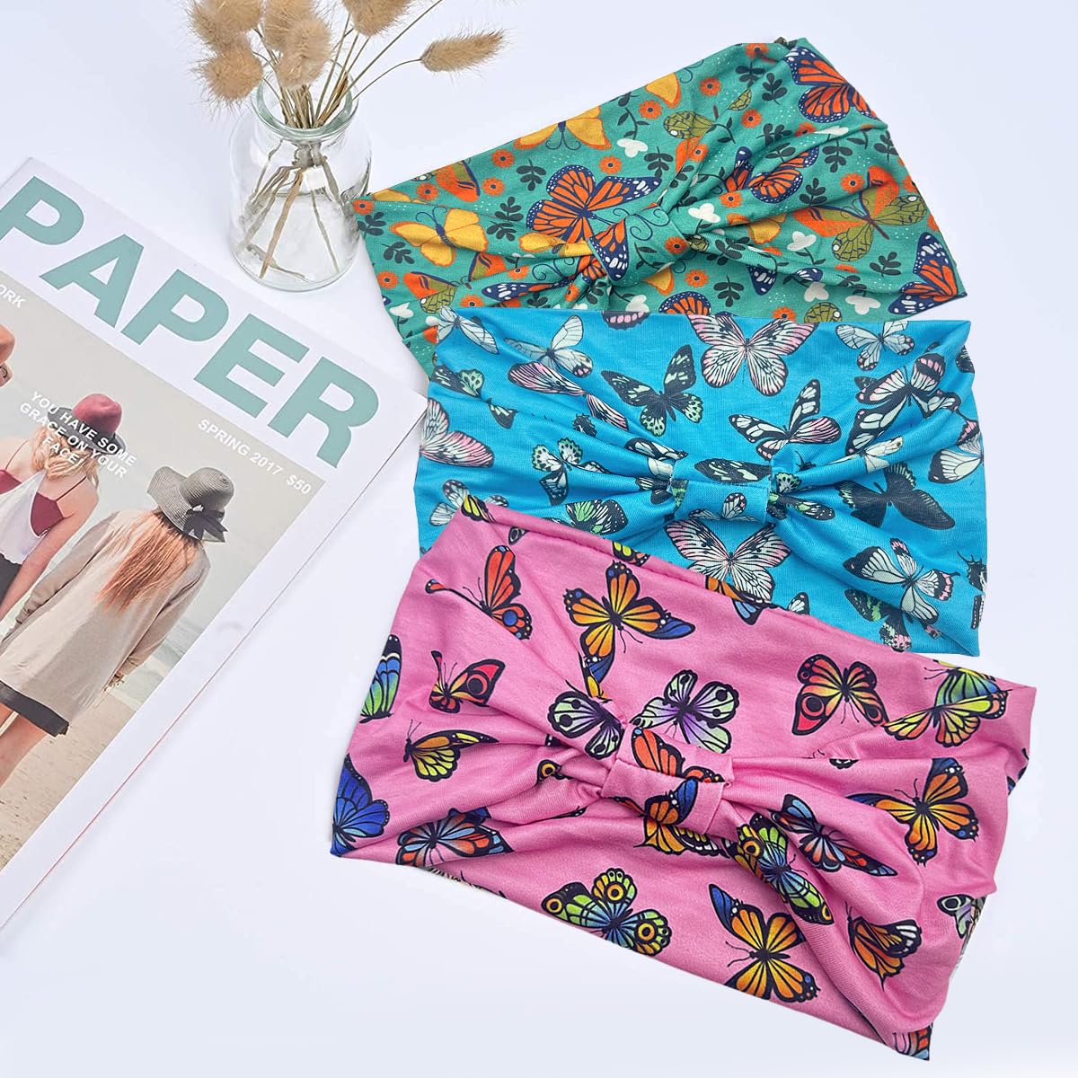 Proberos Hair Band for Women for Yoga and Running with Butterfly Print 3 Pack | Soft Polyester Spandex Fit