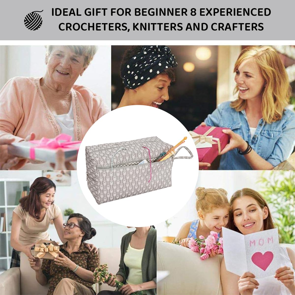 HASTHIP Crochet Bag for Yarn Storage and Knitting Accessories featuring 4 Yarn Feed Holes