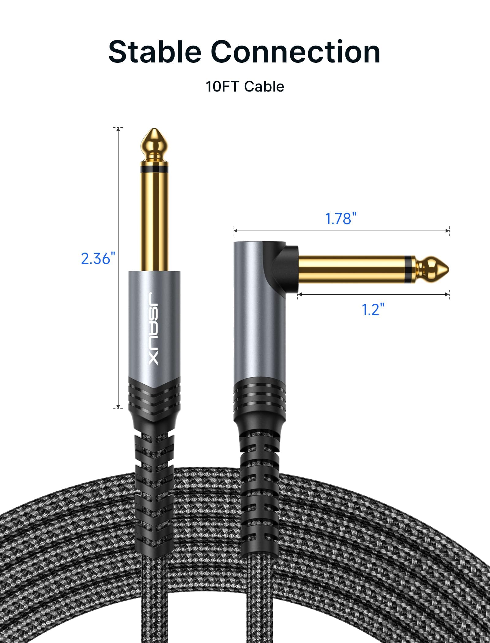 JSAUX 6.35mm Audio Cable for Electric Guitars and Bass featuring Right Angle Plug | 9.8 ft Nylon Braided Grey