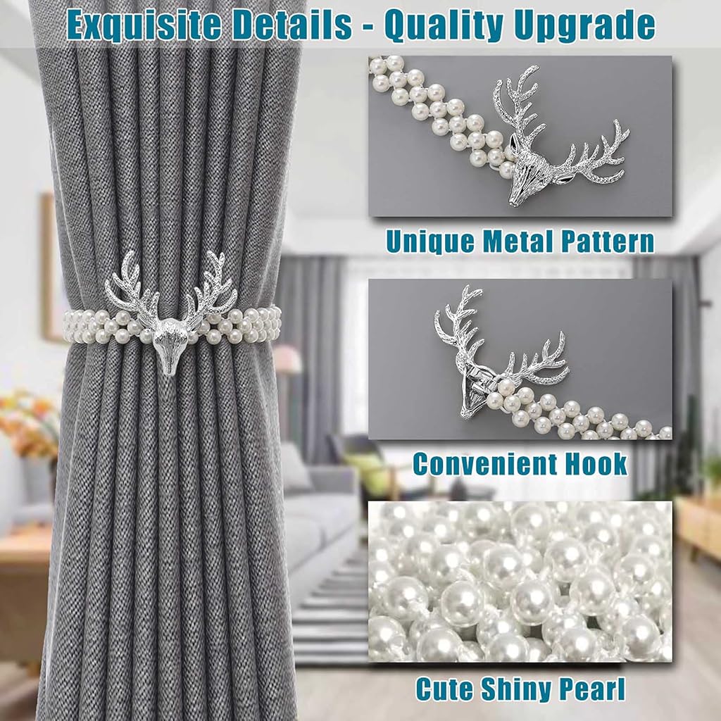 HASTHIP® 6PCS Curtain Holders Tieback Metal with Classy Small Pearl Elastic Rope for Home Office Hotel Window Drape Decor Gold
