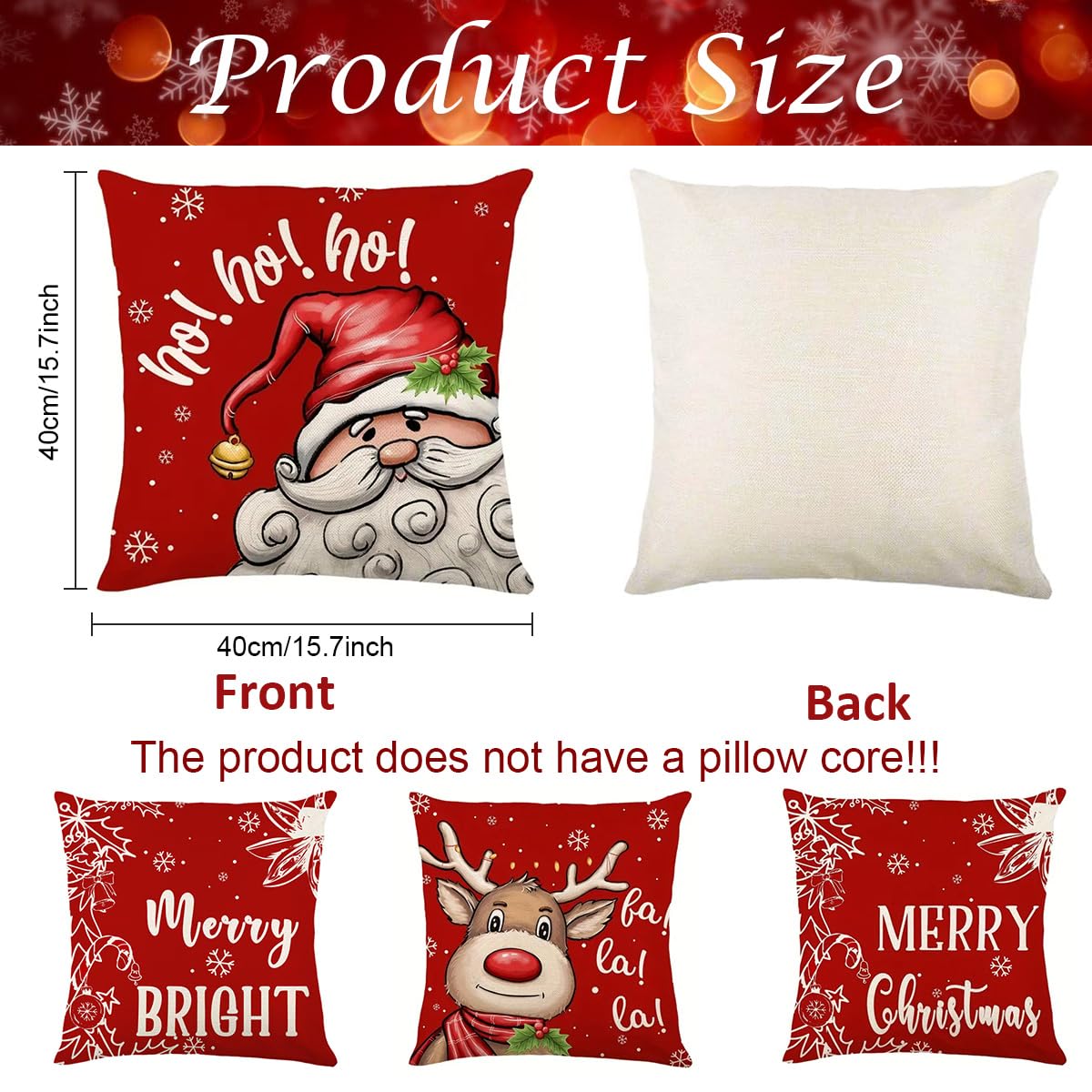 HASTHIP® 4Pcs Christmas Square Pillow Covers 15.7 inches Red Square  Linen Printed Pillow Cover Classic Christmas Sofa Pillow Covers Square  Pillow Covers for Christmas