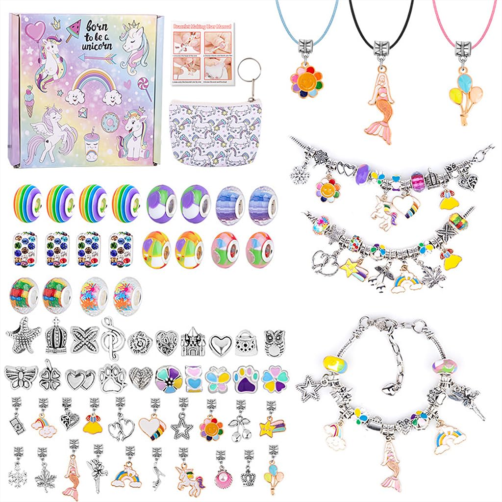 SANNIDHI Bracelet Making Kit for Girls, DIY Charms Bracelet Beads Kit for Jewellery Making, Cartoon Mermaid Unicorn Pendent, Necklace String Crafts Set for Kids Ages 6-12 Teen Girls Gifts