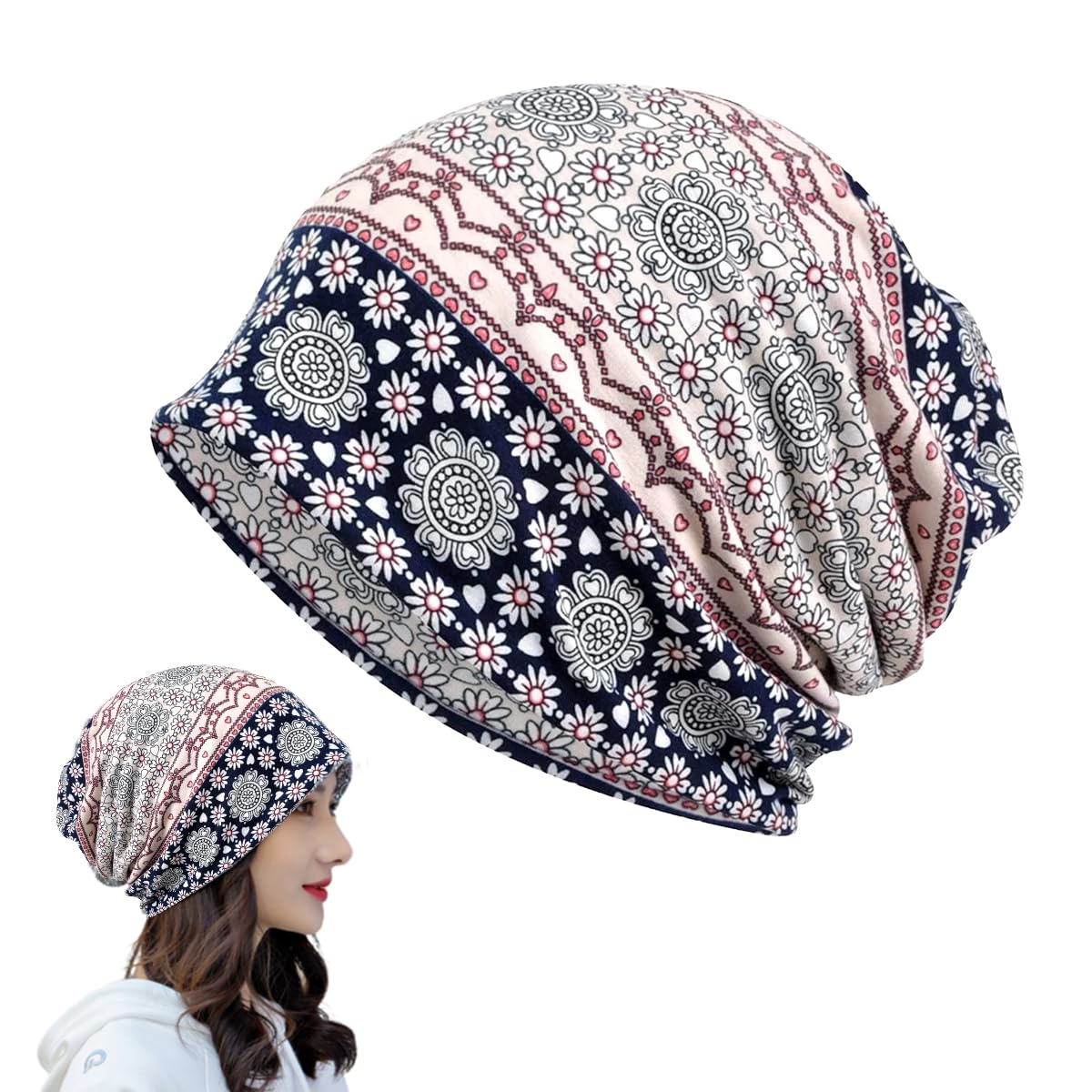 PALAY® Beanie Cap for Women Head Scarf for Women, Slouchy Chemo Caps for Women Cotton Hijab Caps, Fashion Floral Print Head Scarves, Stretch Soft Hip-Hop Skull Dwarf Hats for Teen Girls