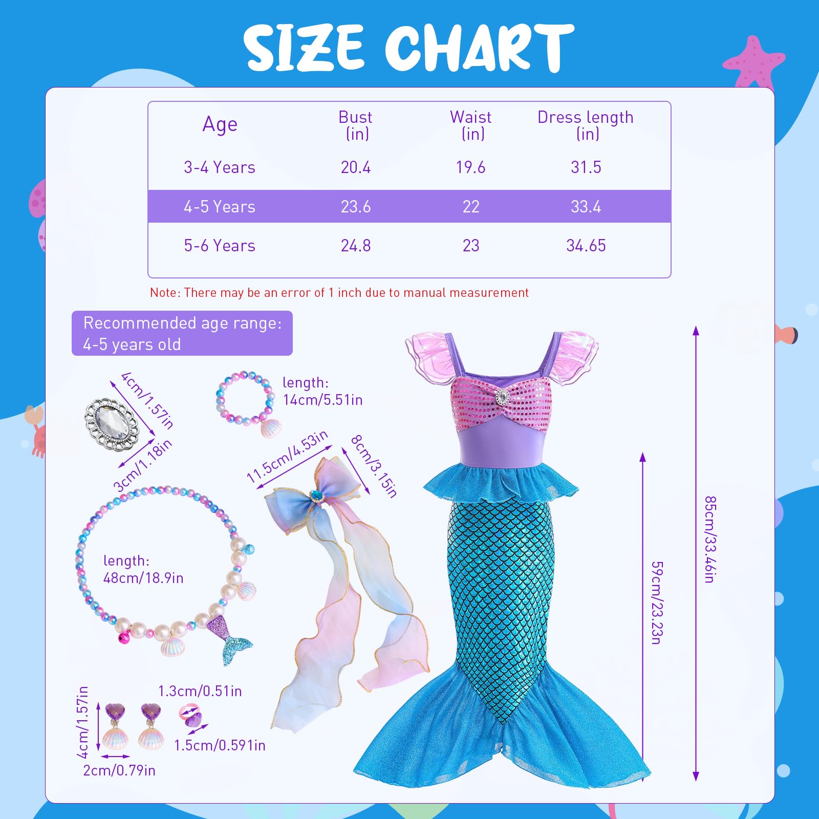 PATPAT Mermaid Dress for Girls - Little Mermaid Costume for Girls with Matching Jewelry & Hair Clip Mermaid Dress Princess Dresses for Girls 6-7 Years Gift Birthday Party (Suggested for 15-20kg Girls)