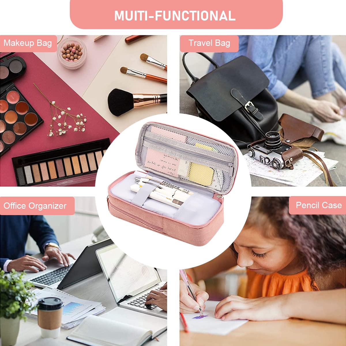 HASTHIP Pencil Case for School and Office with 8.3×4.1×2.4 in Large Capacity featuring Foldable Stand | Pink Canvas Pouch for Girls and Boys