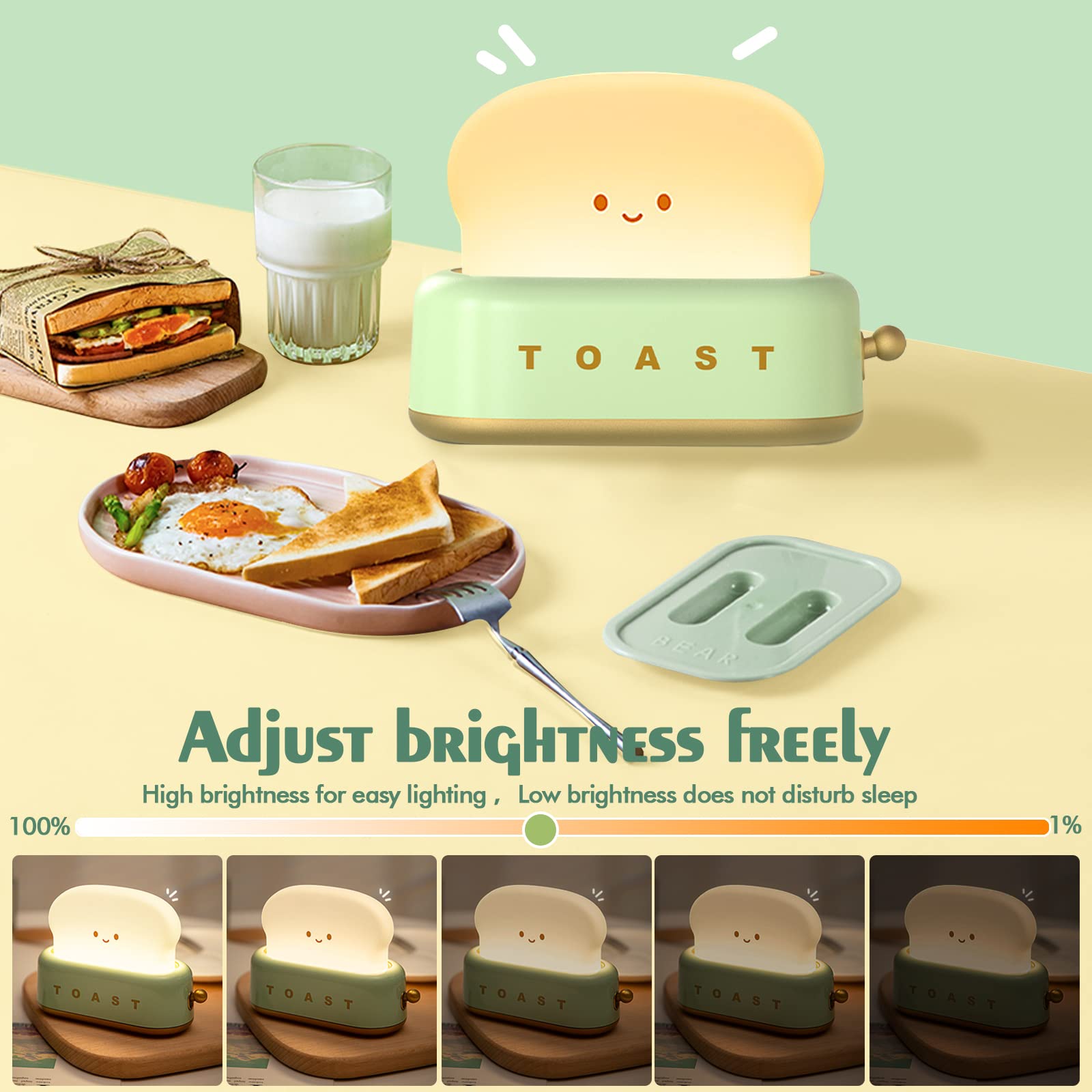 ELEPHANTBOAT Plastic Desk Lamp for Kids featuring Cartoon Toaster Design and USB Rechargeable Warm Dimmable LED | 3PCS Green Set