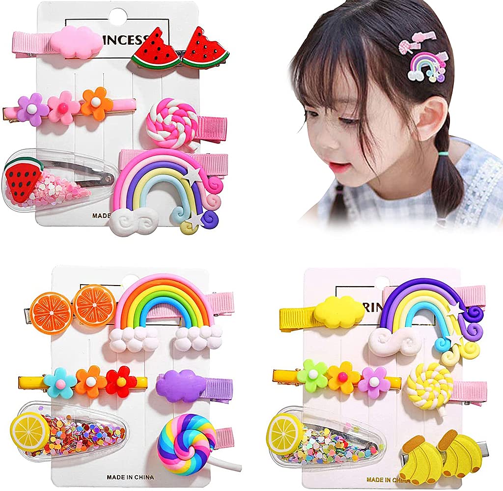 MAYCREATE Kawaii Hair Clips for Baby Girls featuring 18pcs Rainbow Fruit Designs | Silicone Hair Pins