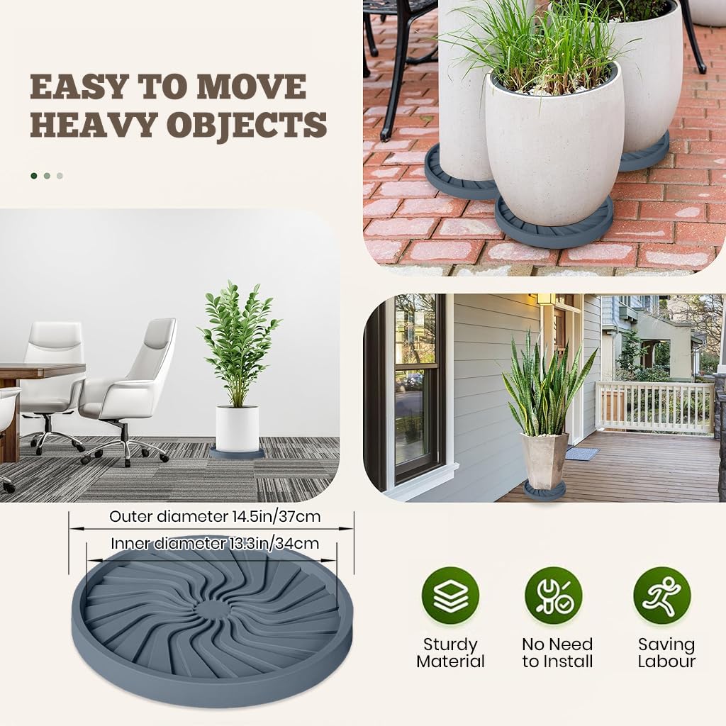 HASTHIP Plant Pot Stand for Indoor & Outdoor Use with 360° Wheels and Spiral Ridged Tray | 37 cm Grey PP Caddy