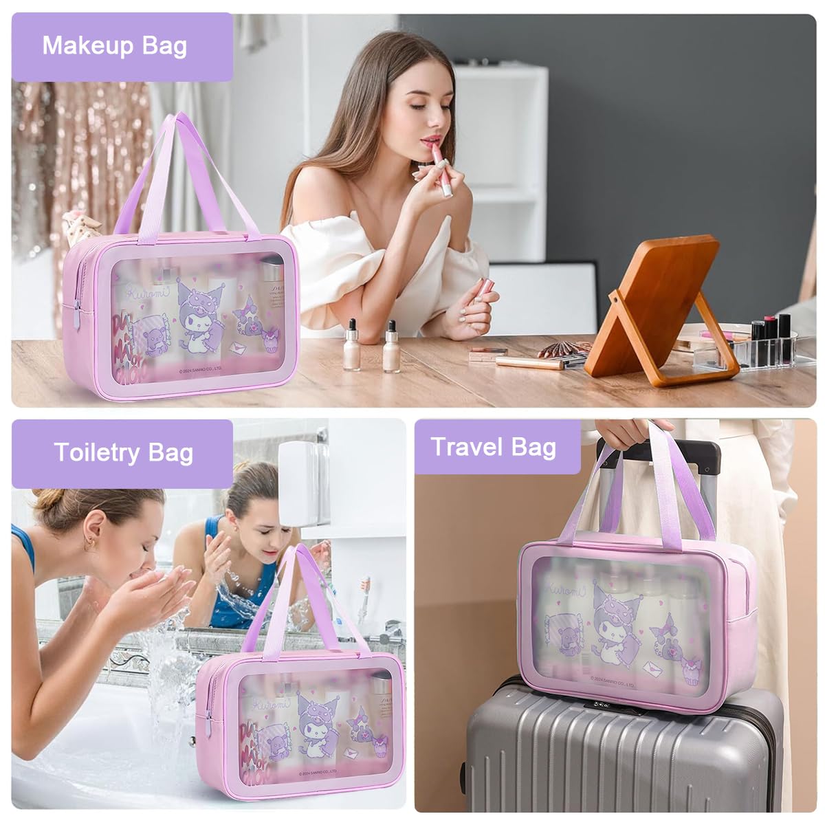 MAYCREATE® Travel Toiletry Bag Cartoon Kuromi Purple Print Toiletry Bag Makeup Organizer Bag Bathroom Shower Caddy Bag PVC Transparent Waterproof Travel Toiletry Zipper Pouch with Handle, 25x16x10cm