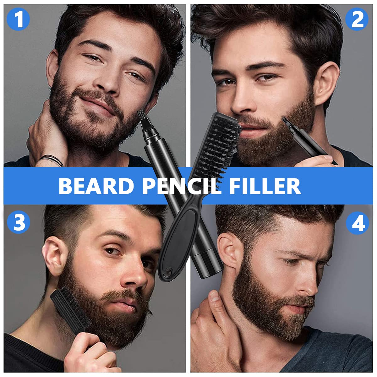 MAYCREATE Beard Pencil Filler For Men Barber Styling Pen with Bristle Beard Brush Waterproof, Sweat Proof Natural Shaping Up for Men Beard, Moustache & Eyebrows(Dark Brown)