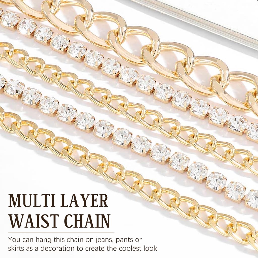 SANNIDHI Gold Waist Chain for Women featuring Multi Layered Rhinestone Design | Adjustable Fit