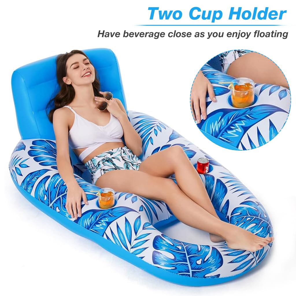 Proberos Inflatable Pool Lounger for Adults with Headrest and Cup Holder featuring PVC Frame 14x92x64cm | Foldable Pool Hammock Float