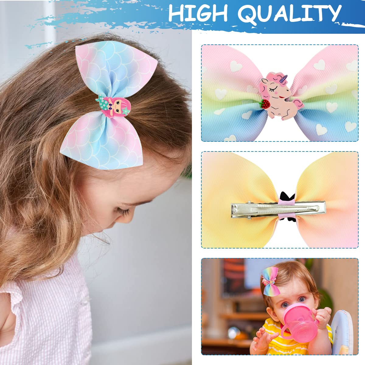 MAYCREATE 6 Pcs Hair Bows for Kids Girls Rainbow Alligator Bow Hair Clips Stylish Cartoon Unicorn Mermaid Grosgrain Hair Accessories for Girls