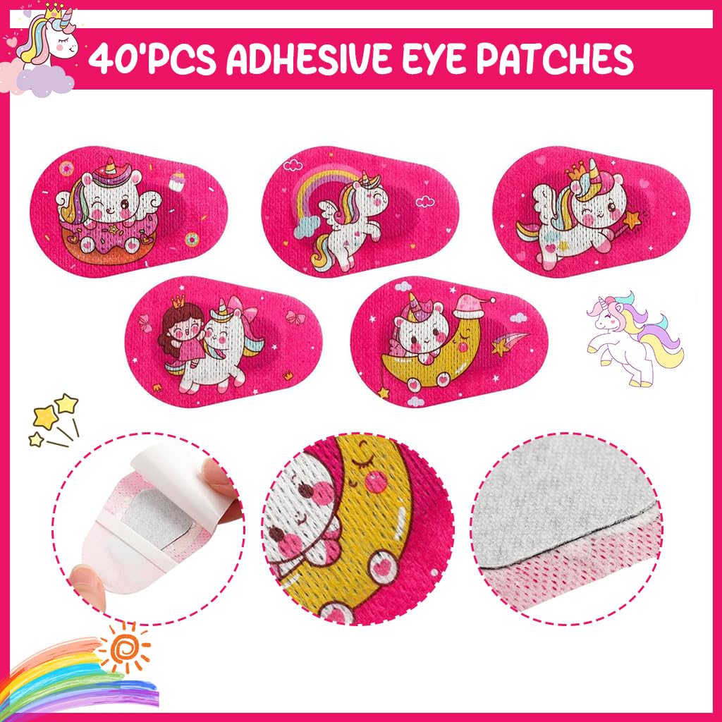 HANNEA® 40Pcs Eye Patches for Kids, Unicorn Breathable Cotton Adhesive Eye Patch for Kids After Surgery Adhesive Non-woven Fabric Eye Patches for Lazy Eye, Eye Cover for Eyesight Correction