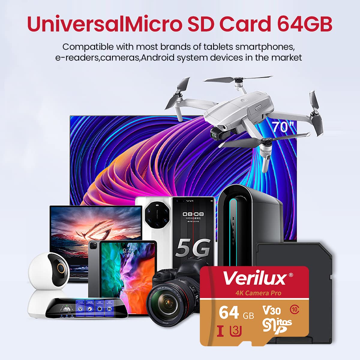 Verilux® Micro SD Card 64 GB Universal Camera SD Card Memory Card with SD Card