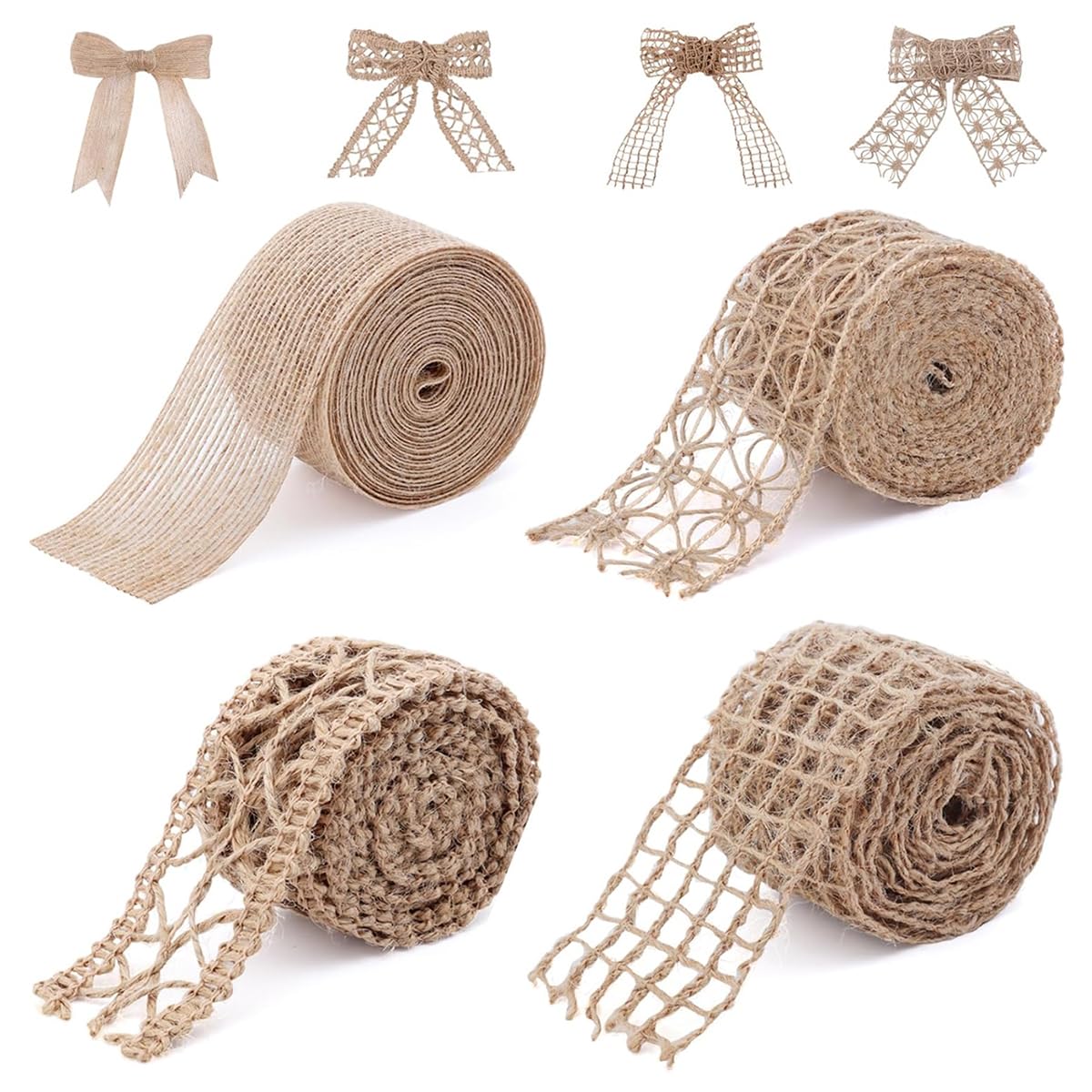 PATPAT® 4 Rolls Burlap Ribbons with 32.8ft Hemp Rope Assorted Designs Elegant Lace Crafting Fabric Ribbon Decorative Burlap Ribbon for Home Decor, Gift Wrapping, Floral Arrangements, 6.6ft Per Roll