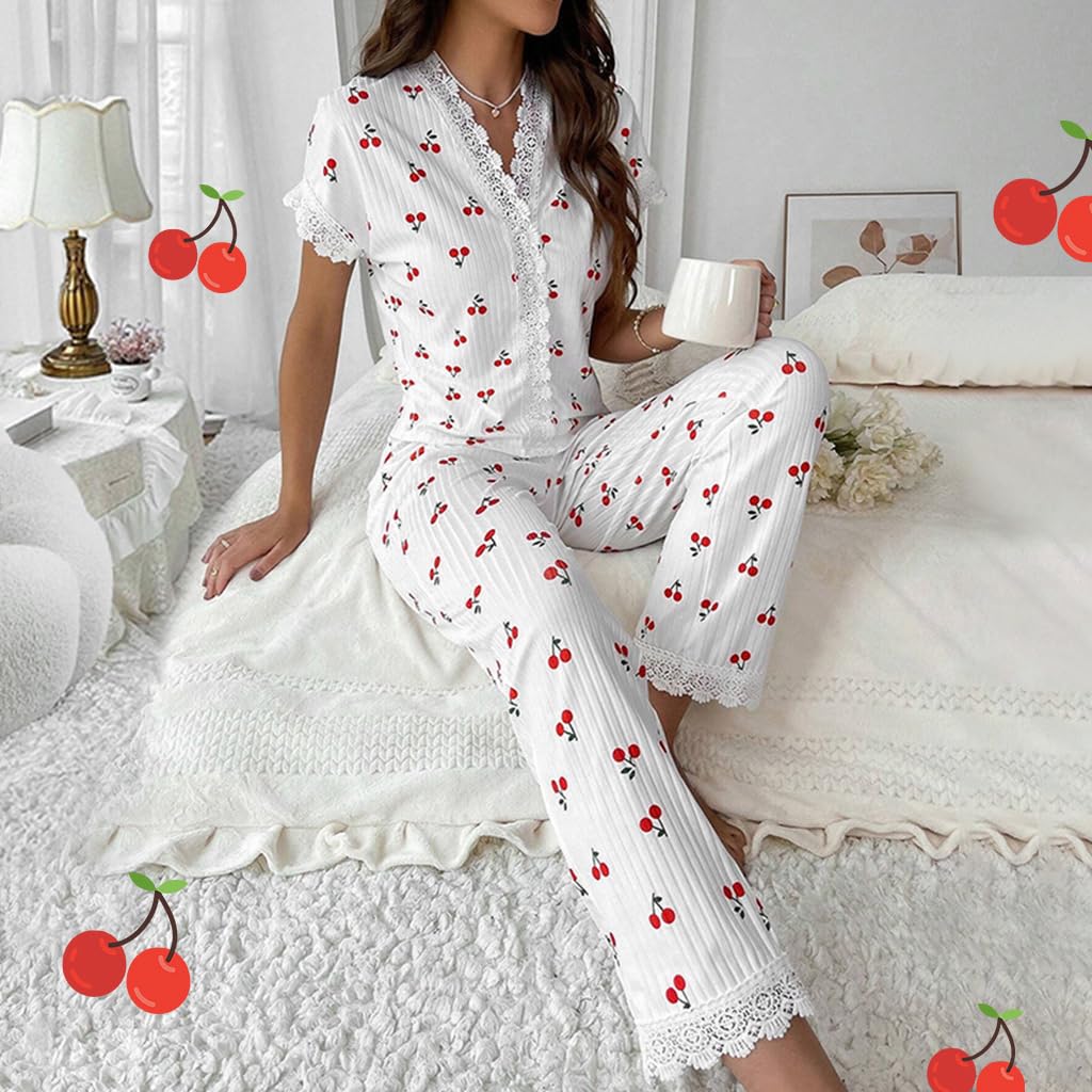 SANNIDHI Pajama Set for Women featuring Sweet Cherry Print and V-Neck Lace Edge | Soft Sleepwear for Home and Lounge