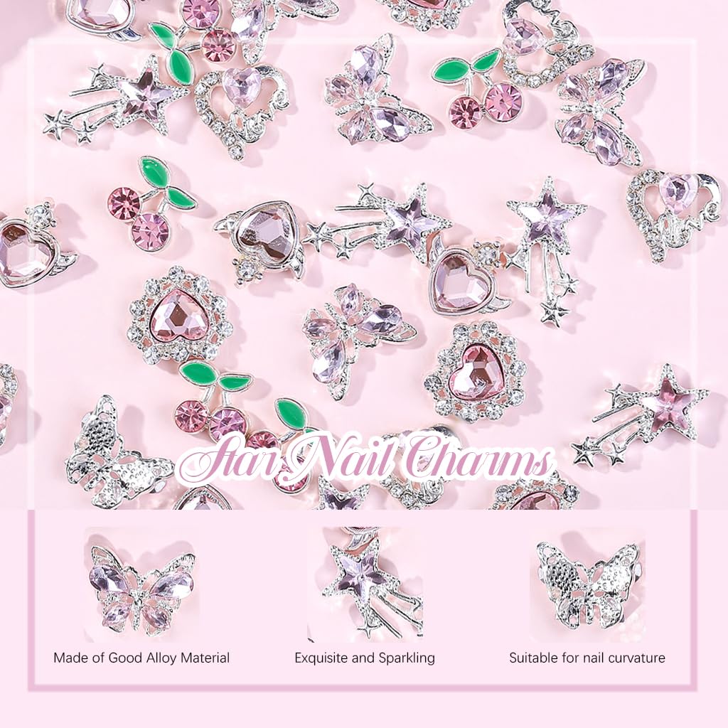 MAYCREATE Nail Charms Set for DIY Art with 24 Alloy 3D Designs and Pink Rhinestones | Kawaii Gems