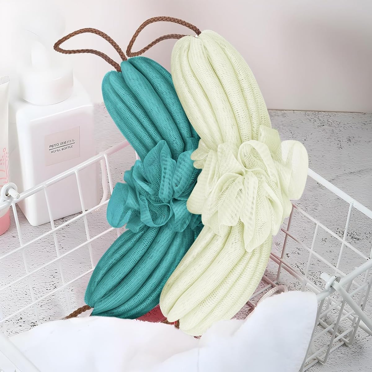 MAYCREATE Bath Shower Loofah Sponge 2 Pack with Dual Rope Handles 24–100 cm | Navy and Green Exfoliating Back Scrubber for Women and Men