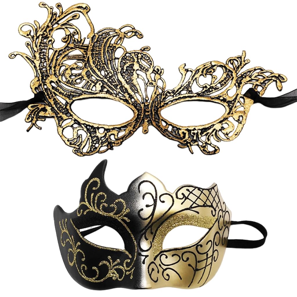 PATPAT® Couple Masquerade Masks Set of 2Pcs Luxury Hollow Out Lace Tie Back Eye Mask & Men Venetian Masquerade Mask Black Golden Masquerade Masks Set Dance Ball Masquerade Masks for Men Women