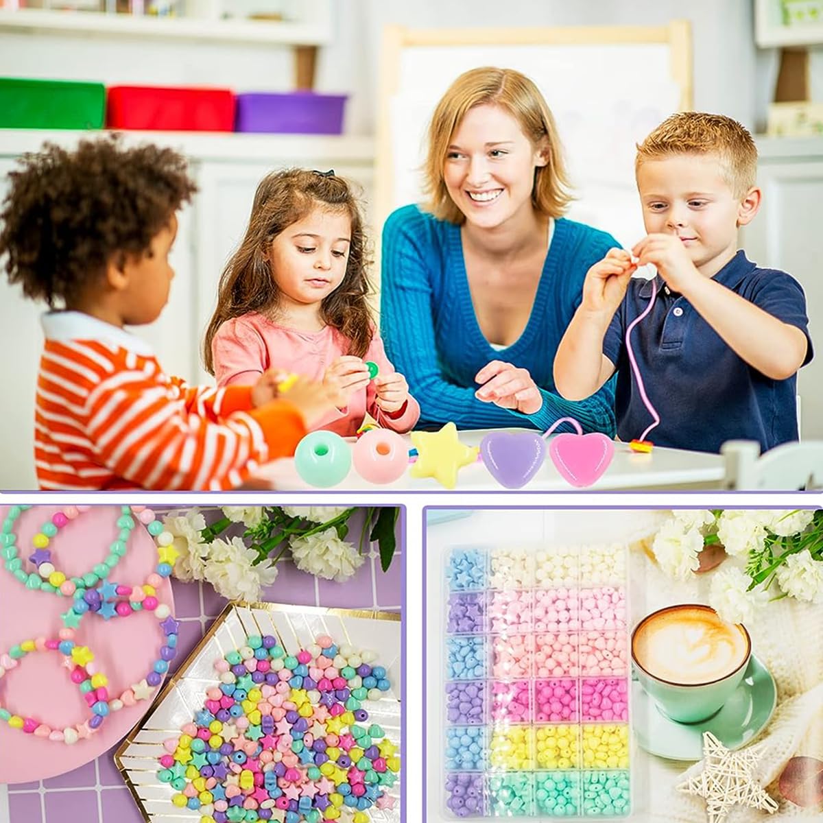 SANNIDHI Beads Set for Bracelet Making with 720 pcs Acrylic Heart Star Round Shapes | Kids DIY Jewelry Crafts