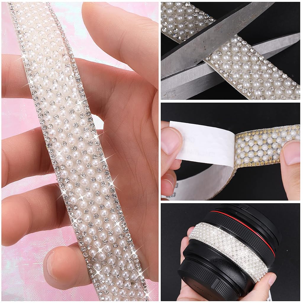 HASTHIP Pearl Rhinestone Ribbon Tape for DIY Crafts featuring Self Adhesive Design and 3 Rolls 1 Yard Each