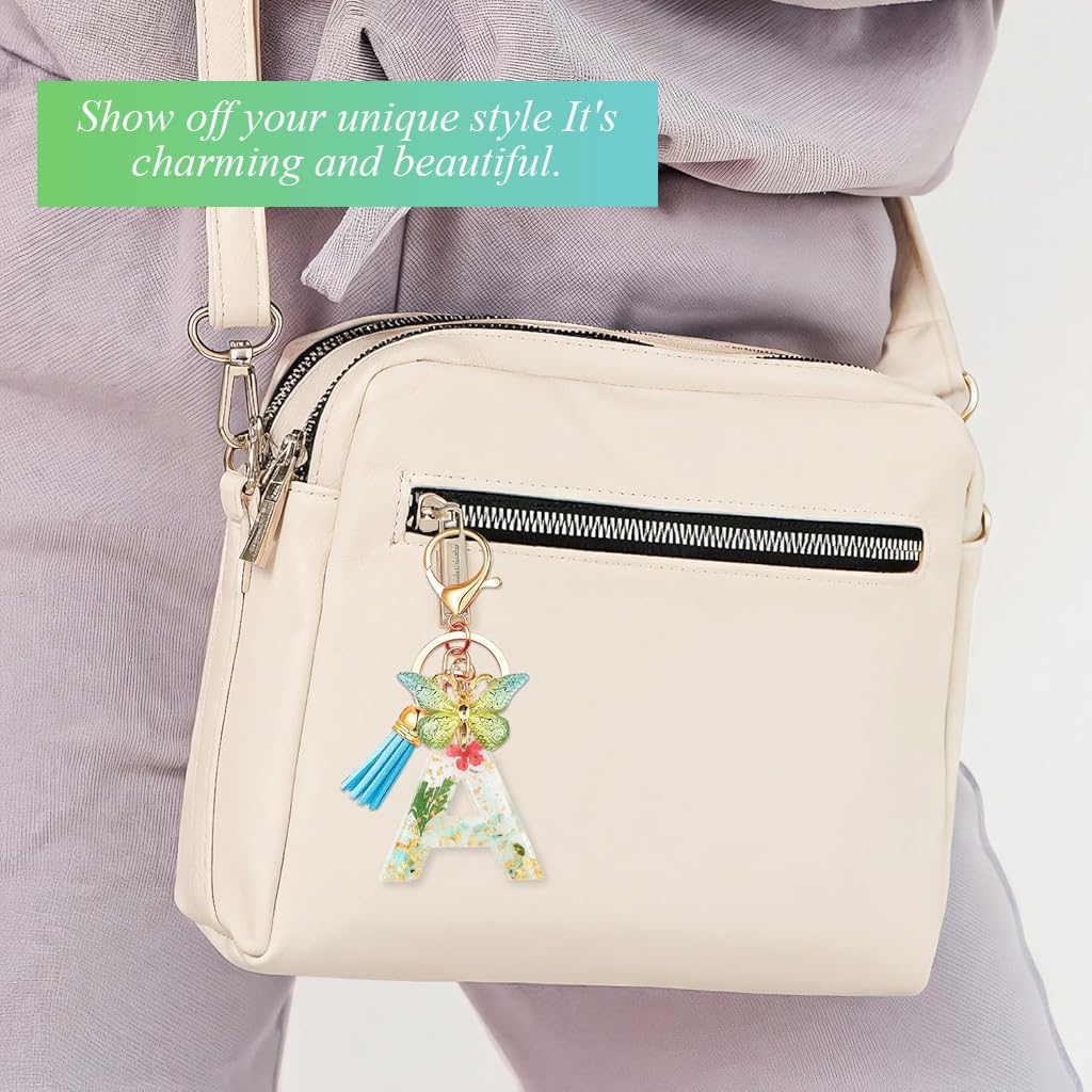 Zibuyu Letter A Keychain for Bags and Backpacks featuring Clear Resin Sequins and Butterfly Charm | Ideal Gift for Girls