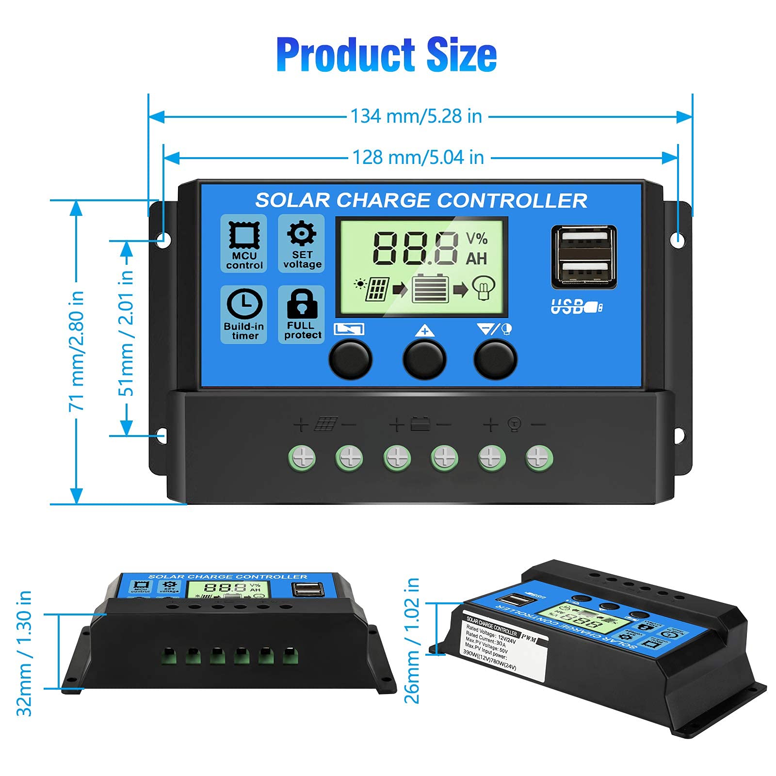 Magideal Solar Charge Controller 10A 12V 24V with Dual USB LCD Display | Moisture-Protected Design
