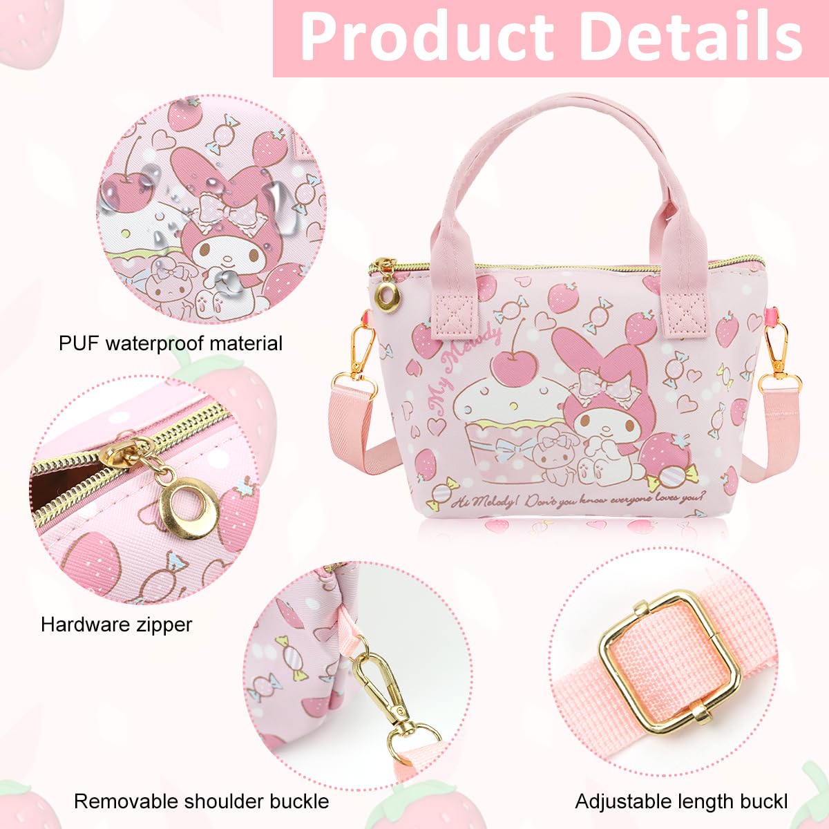 PALAY® Melody Hand Bag Kawaii Sanrio Small Tote Bag for Girls Pink Melody Shoulder Bag Small PU Tote Bag with Removable Shoulder Strap Crossbody Bag Christmas Gift for Girls Birdthday Gift, 16x7x22cm