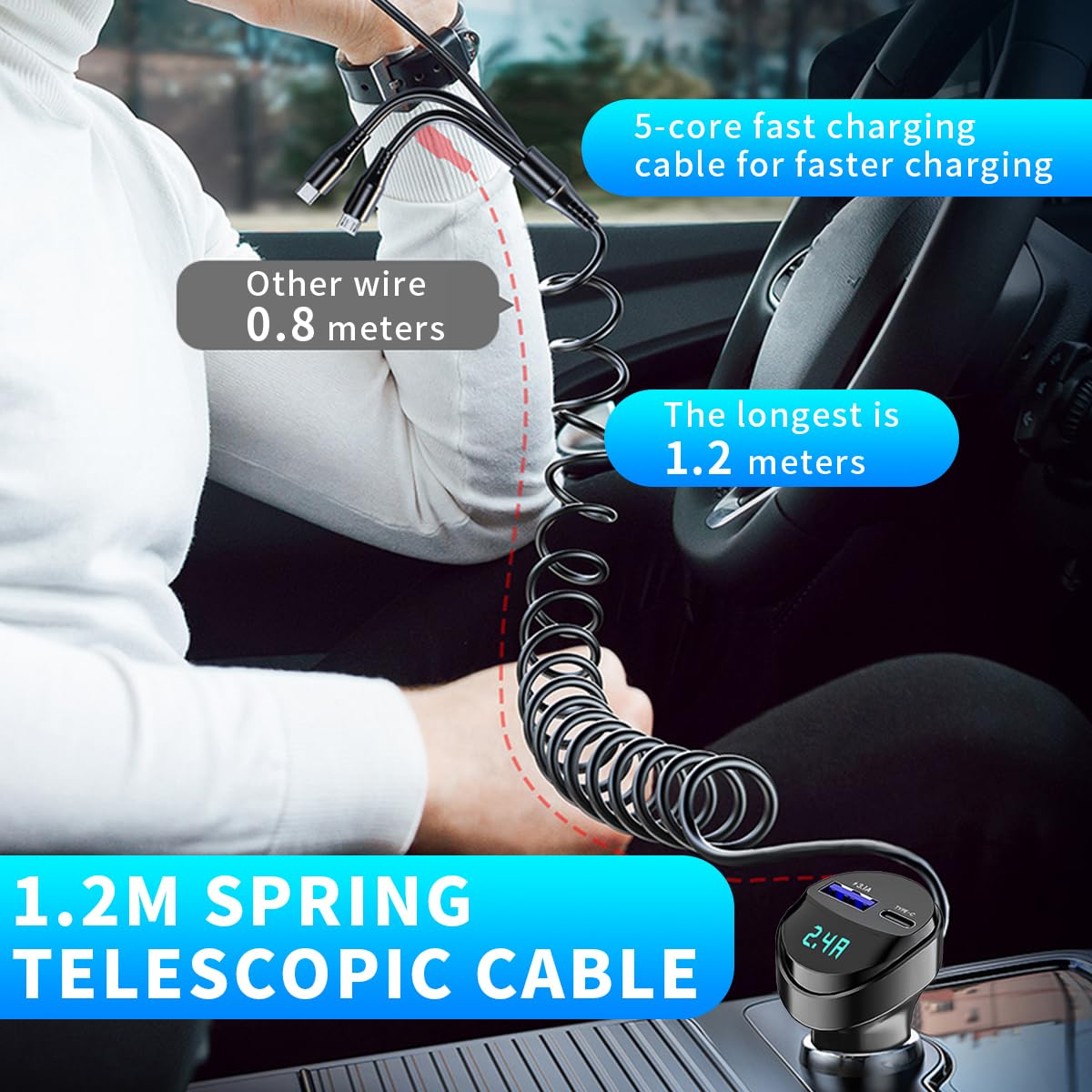 STHIRA Car Charger 5 in 1 for 12V and 24V Vehicles with 18W PD and QC 3.1 Ports | LCD Display