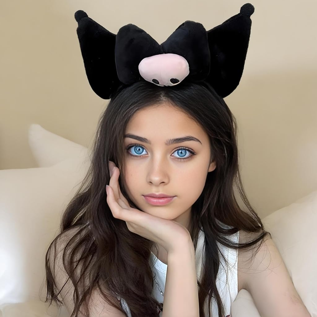 HASTHIP® Kawaii Kuromi Headpieces Gift Set of 9Pcs Kuromi Merchandise Includes Spa Plush Headband, Cartoon Headband, Scrunchy, Beaded Bracelet, Necklaces, Keyring, Stickers, Stationeries Pouch.