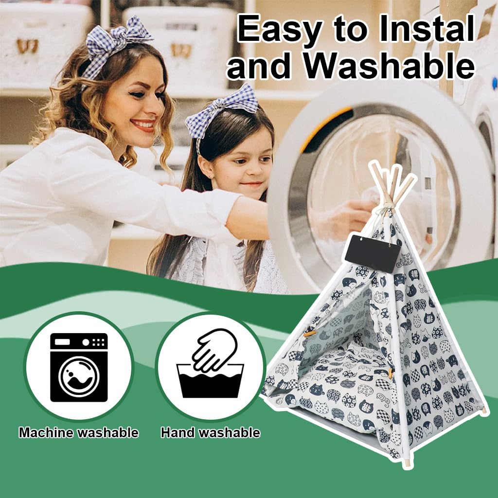 Qpets Cat House for Indoor Cats with 19.6×18.8×23.6 in Tent Frame and Pine Wood Poles | Black White