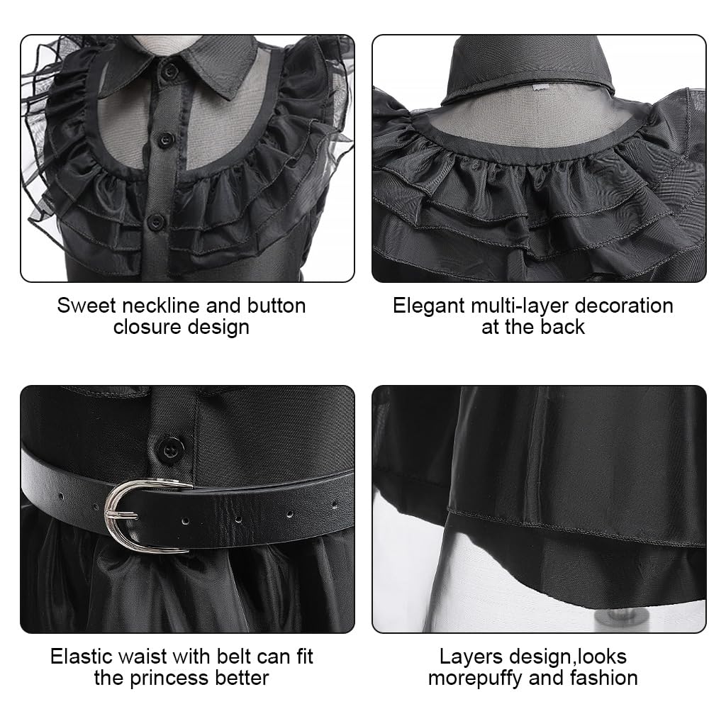 Venzina Wednesday Adams Dress Costume for Girls with Socks Necklace & Earrings | Black Party Cosplay Set for Kids 3–5 Years