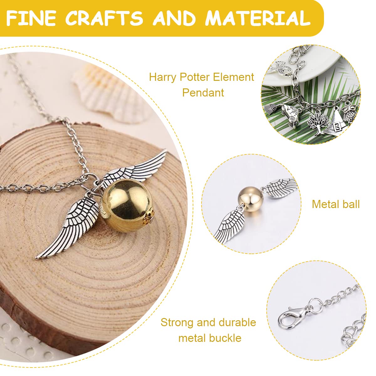 SANNIDHI Golden Snitch Necklace Bracelet Combo Fashion Snitch Pendent Necklace Bracelet Gift for Harry Potter Fans Party Favor Halloween Costume Accessory for Kids